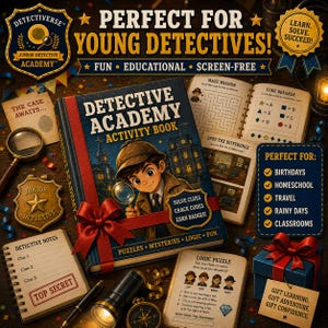 Peut inclure: Un livre d'activités illustré de l'Académie des détectives avec un jeune détective sur la couverture, entouré d'objets sur le thème des détectives. Comprend une loupe, un bloc-notes et un coffret cadeau. Le texte comprend "Parfait pour les jeunes détectives !" et "Résolvez des indices, déchiffrez des codes, gagnez des badges !"