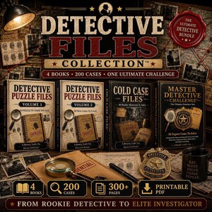 Detective Puzzle Book Bundle: 4 Books, 200 Mystery Cases, Printable PDF