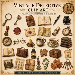 Vintage Detective Clip Art Bundle, Watercolor PNG Elements for Junk Journals