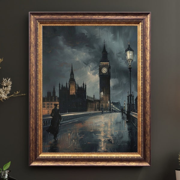 Big Ben London Wall Art, Moody Vintage Art Painting, Dark Academia Aesthetic