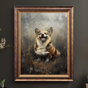 May include: A framed painting of a brown and white corgi dog with a happy expression, set against a blurred background of green and brown foliage.