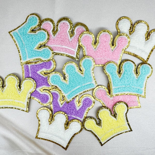 2.75" Iron On Crown Chenille Glitter Patch,Mother's Day gift,Embroidery Gold Glitter,Self Adhesive Patch,Colorful Crown Patch