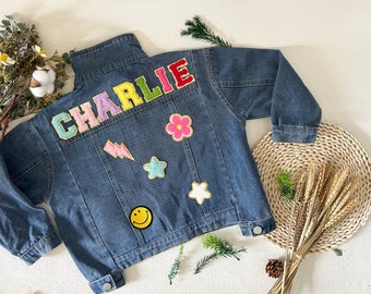 Kids jean jacket,Custom jean jacket,Kids Chenille Letter Patch Jean Jacket,Personalized Children Denim Jacket