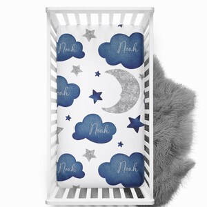 Moon and Stars Personalized Fitted Crib Sheet Navy and Silver, Baby Name Crib Sheet, Mini Boy Crib Sheet, Baby Bedding Blue nursery decor