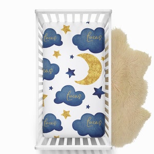 Moon and Stars Personalized Fitted Crib Sheet Navy and Gold, Baby Name Crib Sheet, Mini Boy Crib Sheet, Baby Bedding Blue nursery decor