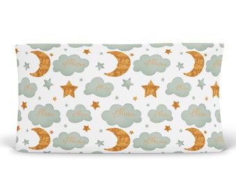 Moon and Stars Personalized Changing Pad Cover Sage Green Copper Boy Girl Custom Changing Table Cover Newborn, Gender Neutral Baby gift