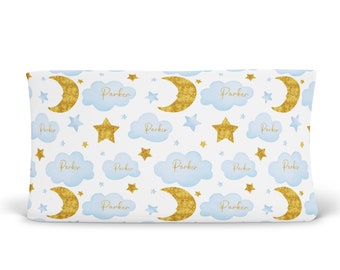 Moon and Stars Personalized Changing Pad Cover Blue and Gold Boy, Custom Changing Table Cover, Newborn Baby Gift, Baby Shower gift