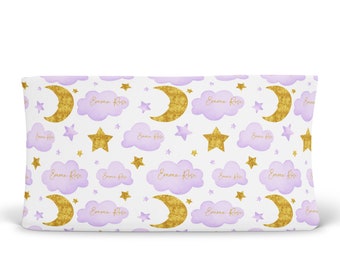 Moon and Stars Personalized Changing Pad Cover Purple and Gold Boy Girl, Custom Changing Table Cover, Newborn Baby Gift, Baby Shower gift