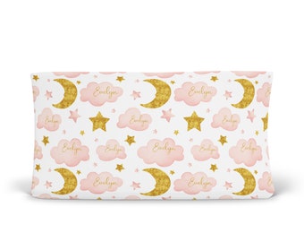 Moon and Stars Personalized Changing Pad Cover Pink and Gold, Girl Custom Changing Table Cover, Newborn Baby Girl Gift, Baby Shower gift