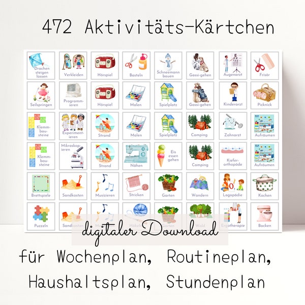472 weekly cards, activity cards, weekly plan cards, Montessori routine cards, compatible with weekly plans from Nordstern Printables