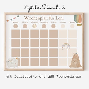 Plano semanal "Boho Doodles" para crianças, 288 cartões de rotina, modelo Canva e download instantâneo em PDF, plano de rotina de acordo com Montessori