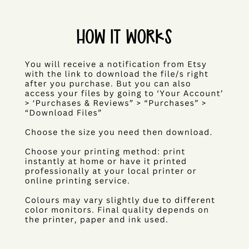 May include: A cream-colored graphic with the text "HOW IT WORKS" in a bold, black font. The text explains how to download files after purchase, including accessing files through Etsy and printing options.