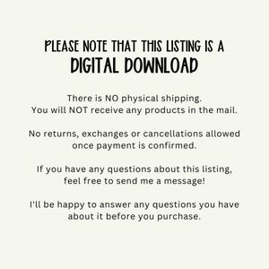 May include: Cream-colored digital download announcement with black text. The text reads "PLEASE NOTE THAT THIS LISTING IS A DIGITAL DOWNLOAD." Additional text clarifies that there is no physical shipping and no returns or exchanges.