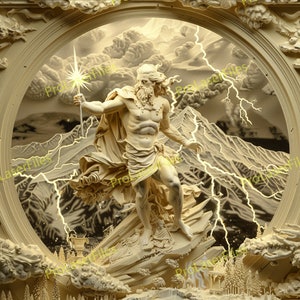 Könnte beinhalten: Eine weiße Marmorskulptur eines Gottes, der einen Blitz hält, steht auf einem felsigen Sockel. Die Skulptur ist von einem runden Rahmen mit einem bewölkten Hintergrund umgeben.
