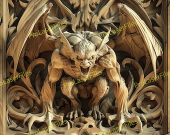 May include: A detailed, ornate, stone carving of a gargoyle with wings spread wide. The gargoyle has a menacing expression with a wide open mouth and sharp teeth. The carving is set against a background of intricate stonework.