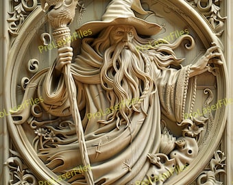 May include: A detailed wood carving of a wizard with a long beard and pointed hat, holding a staff with a bird on top. The carving is set in a circular frame with intricate floral designs.