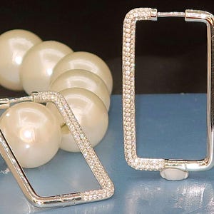 Hoops Rectangular Huggie Earrings Pave Sterling Silver 925, 1.5 inch diamond cz zircon large hoops, for men, for women,drop dangle gemstone