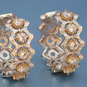 Antique Vintage style boho ethnic Hoops earrings, Chunky handamde patterned hoops,2cm long sterling silver real zircon,moissanite bohemian