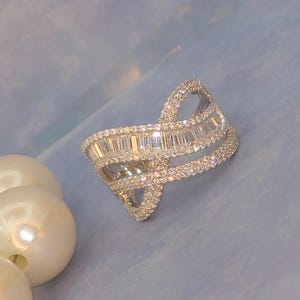 Crossover baguette Ring, Cz diamond zircon ring, genuine sterling silver ring,wide band,eternity white gold finish, moissanite wedding gift