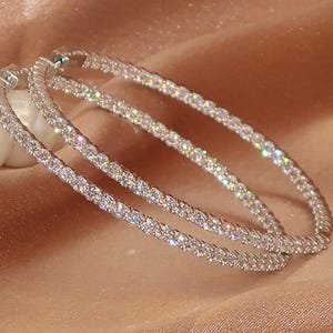 Round VVS1 D Color Diamond CZ Prong Set Sterling Silver All Around Large Eternity Earrings| 70 mm Hoop Earring| Inside Out 2.75 inch Hoops