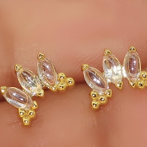 Sterling silver Marquise studs, pierced earrings, helix ,tragus ear studs, Gold earrings, 925 silver ear hoops huggies, birthday gift
