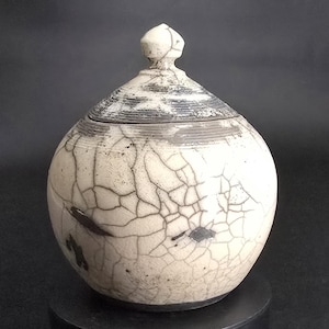 Könnte beinhalten: Handgefertigtes Keramikgefäß mit Deckel. Das Gefäß ist cremefarben mit einem Craquelé-Effekt und dunkelgrauen Linien. Der Deckel ist grau und weiß mit einem kleinen, spitzen Knauf. Dekorationsobjekt.