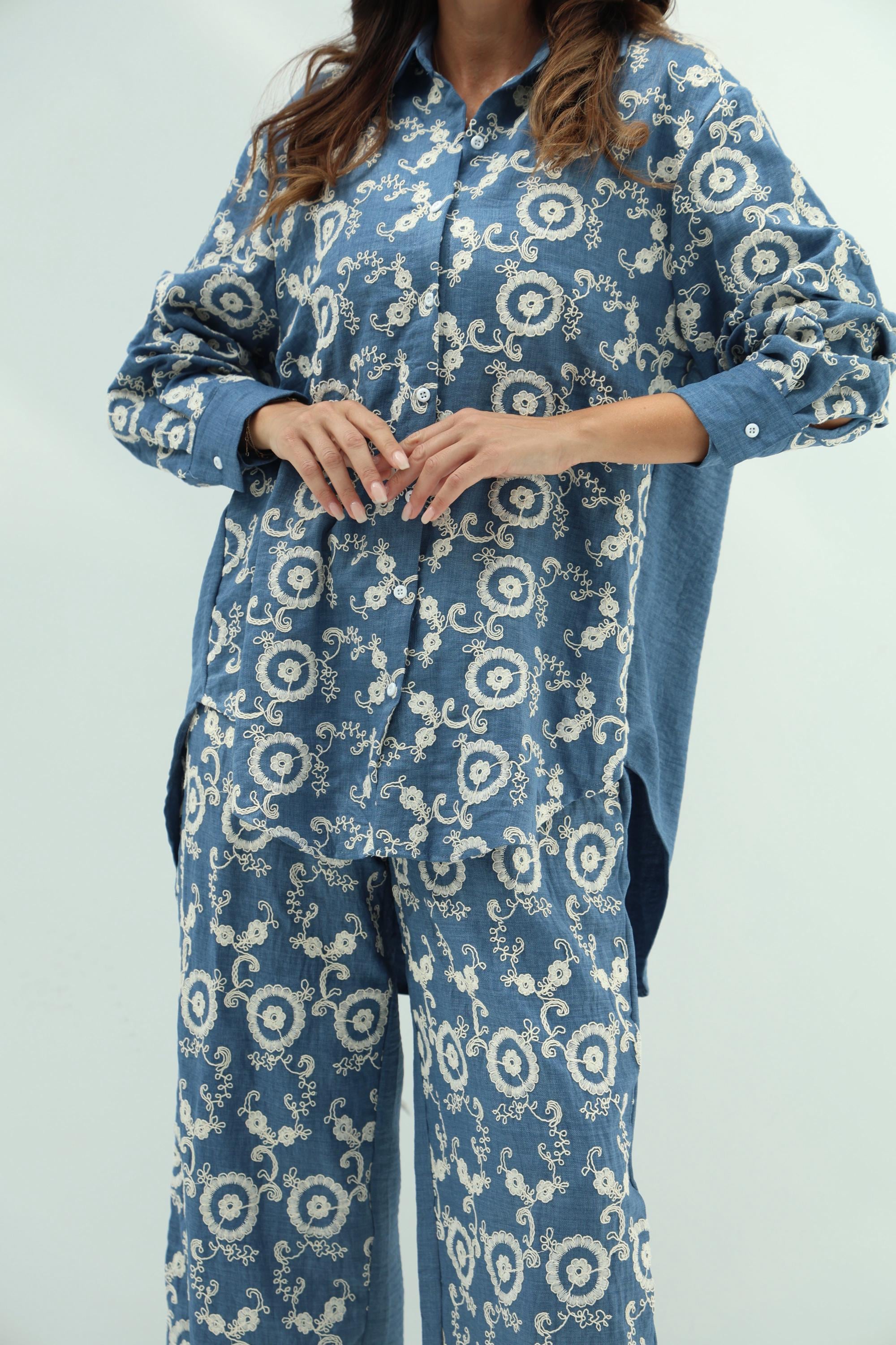 CottonJeans CottonJeans Embroidered Shirt And Pants Set Blue Desig