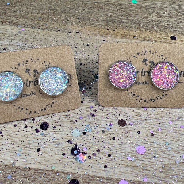 Glitter/Glitzer/funkel, Cabochon Edelstahl Ohrstecker/Ohrringe 10mm, allergikerfreundlich, Schmuck für Sie, Nickelfrei