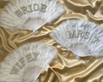 Personalised white feather handheld bride wifey fan Mrs wifey honeymoon hen party wedding pearl diamantés