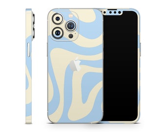 Skin per iPhone con motivo astratto crema e onde blu - Elegante decalcomania protettiva in vinile