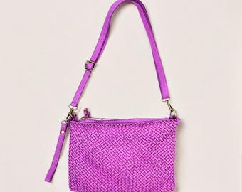 Pochette à bandoulière en cuir tressé - Sac messager mince pour femme, sac à main à bandoulière, cuir véritable lavé, sac de tous les jours, cadeau pour elle