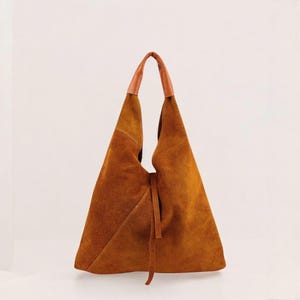 Small Suede Shopper Bag – Triangle Shoulder Tote for Women with Coin Pouch, Soft Leather Slouchy Bag, Gift for Her