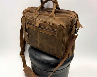 XL laptop bag | 3 compartments buffalo leather | Everyday bag | Briefcase | Shoulder bag | Travel bag