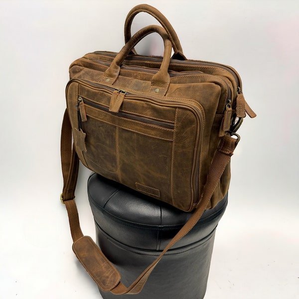 XL laptop bag | 3 compartments buffalo leather | Everyday bag | Briefcase | Shoulder bag | Travel bag
