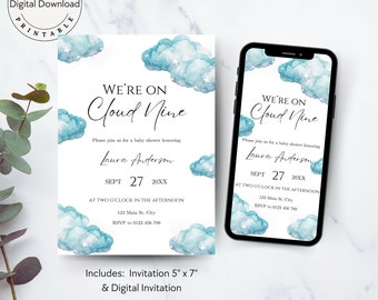 Cloud 9 Baby Shower Evite, estamos no Cloud Nine Baby Shower Invitation, modelo de convite editável Baby Boy, azul, download instantâneo, 011