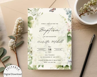 Puede incluir: Una invitación de bautismo floral blanca y verde con un diseño de mariposa. La invitación incluye el texto "Kindly join us for the Baptism of our daughter Henrietta Mitchell" y la fecha y hora del evento.