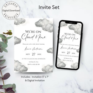 May include: A printable baby shower invitation set featuring a cloud and star design. The invitation reads "We're on Cloud Nine" and includes the name "Laura Anderson".