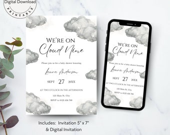 Cloud 9 Baby Shower Evite, estamos no Cloud Nine Baby Shower Invitation, modelo de convite editável gênero neutro, download instantâneo, 010