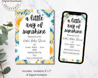 Ein kleiner Sonnenstrahl-Babyparty-Einladung, Boho Sonne, Babyparty-Paket, Sommer-Babyparty, printable einladen, digitale einladen BA002