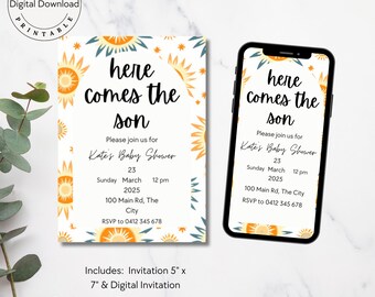 Here Comes The Son Baby Shower Invitation, Boy Baby Shower, Instant Download, Retro Sun Baby Shower Invitation Set, Boho Suns, Digital BA001
