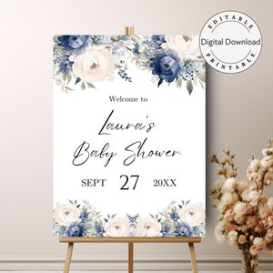 Sweet Baby Boy, Blue & Cream Flowers, Florals, Modern, Baby Shower Welcome Sign, Welcome Poster, Instant Download, Editable Template, 016
