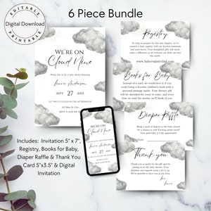 Può includere: Un set di inviti stampabili per una festa di benvenuto al bambino con un design di nuvola ad acquerello. L'invito include un invito di 12,7 x 17,8 cm, un registro, libri per bambini, una lotteria di pannolini, un biglietto di ringraziamento e un invito digitale. Il testo sull'invito dice "We're on Cloud Nine".