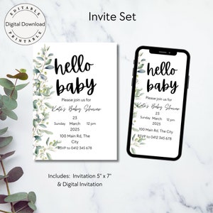 Eucalyptus Baby Shower Invitations, Greenery Eucalyptus Baby Shower Invitations Set, Greenery Gender Neutral Baby Shower, Editable, BA008