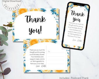 A Little Ray of Sunshine, Boho Sun, Baby Shower Thank you Card, Printable, Editable, Digital Thank you, Thank You Postcard Template BA002