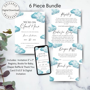 May include: A six-piece baby shower printable bundle with a blue watercolor cloud theme. The set includes an invitation, registry, books for baby, diaper raffle, thank you card, and a digital invitation. The invitation reads "We're on Cloud Nine" and features a blue watercolor cloud with stars. The text "Laura Anderson" and "Sept 27 20XX" is also included.