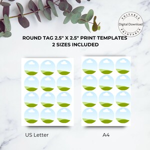 May include: Printable round tag templates, 2.5" x 2.5", in two sizes. Each tag features a blue sky with white clouds over a green landscape. Includes US Letter and A4 sizes. Digital download.
