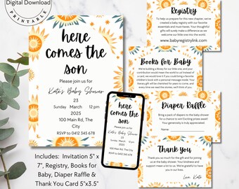 Here Comes The Son Baby Shower Invitation, Boy Baby Shower, Instant Download, Retro Sun Baby Shower Invitation Set, Boho Suns, Bundle BA001