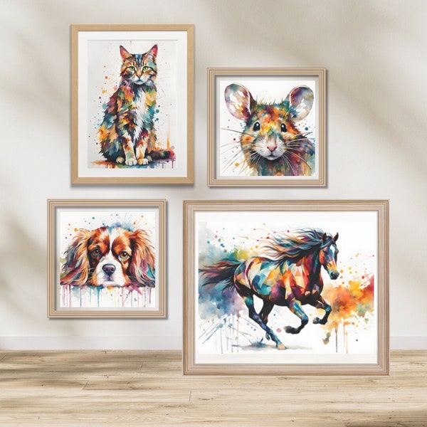 Lot de 4 impressions d'animaux colorés aquarelle sur toile tissée, chat, souris, chien, cheval coloré, décoration murale, colorful