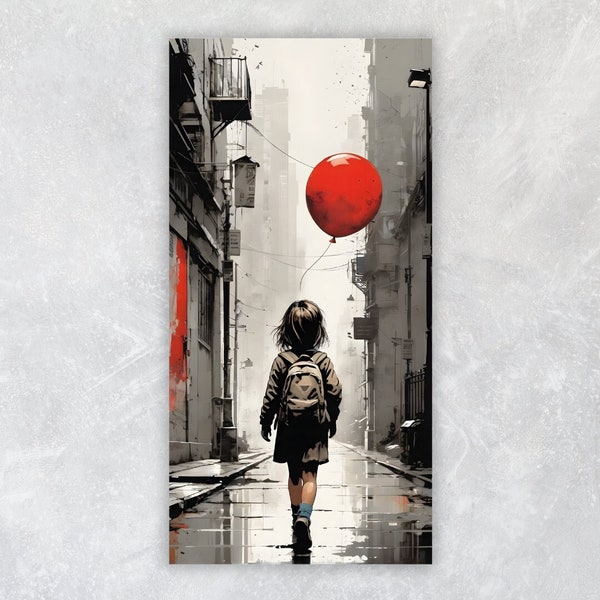 Petite fille au ballon rouge en ville, affiche imprimée longue, inspiré par Banksy, couleurs neutres, teintes grises et rouge, art moderne
