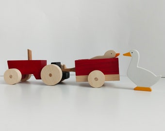 Wooden Tractor Toy with Trailer,Toddler Push Toy,Montessori Natural Toy Gift For Kid,Waldorf Toys,Baby Shower Birthday GiftFarm Vehicle Set|